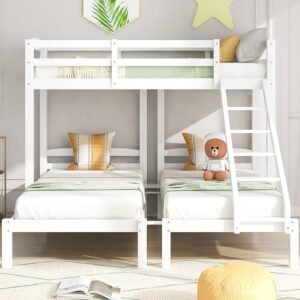 white triple wooden bunk bed