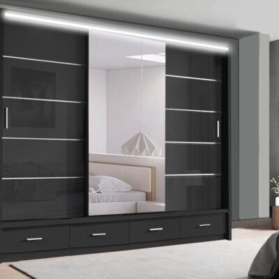 Florence High Gloss Sliding Door Wardrobe with Mirrors – LED Lighting, Drawers, and Smart Storage – 205cm & 256cm Options